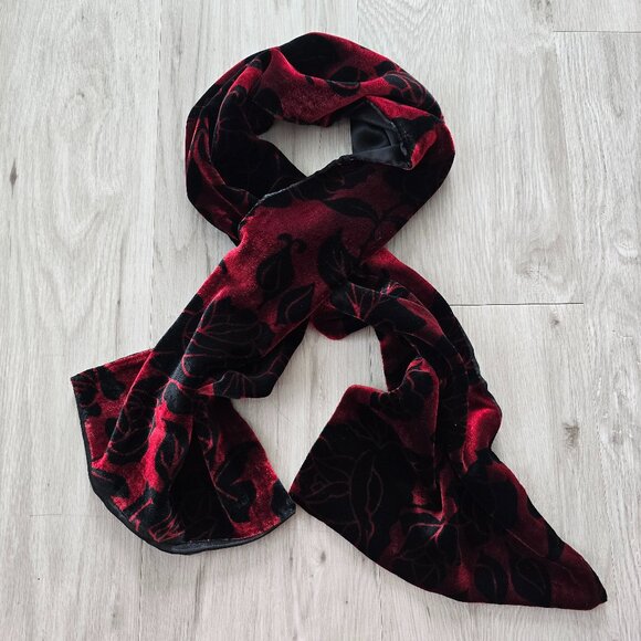 Vintage America Accessories - whimsy goth black red velvet floral print silk boho rectangle small length scarf